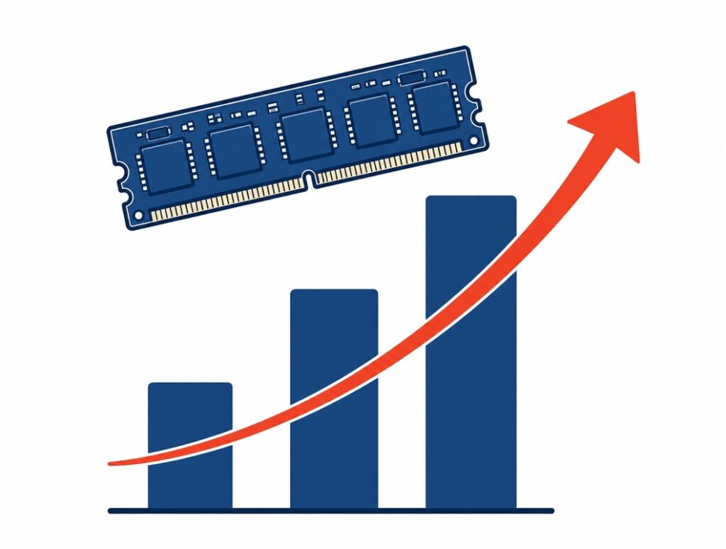 メモリチップ（RAM）と上昇する棒グラフのイラスト。メモリ半導体の供給不足による価格上昇を表している