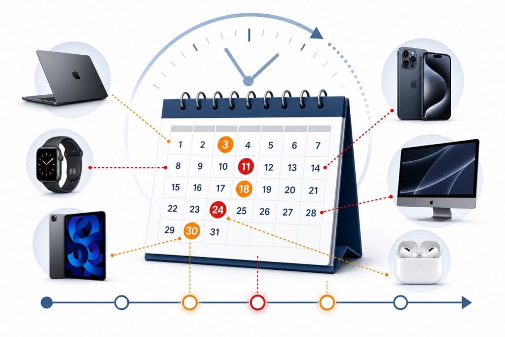 Apple製品（MacBook、iPhone、Apple Watch、iPad、AirPods、Mac）とカレンダー・時計がタイムラインで結ばれたイラスト。値上げの時期・スケジュールを示している