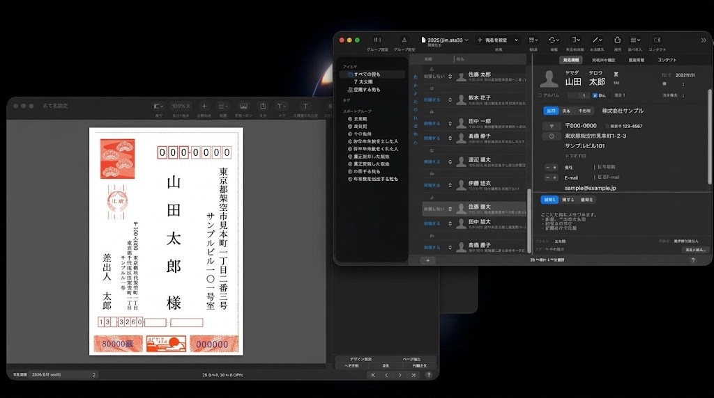 宛名面の印刷画面。住所録の宛名がはがきに表示されている様子